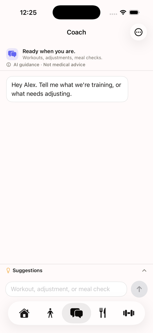 Velora AI coach chat screen with suggestions and a message composer