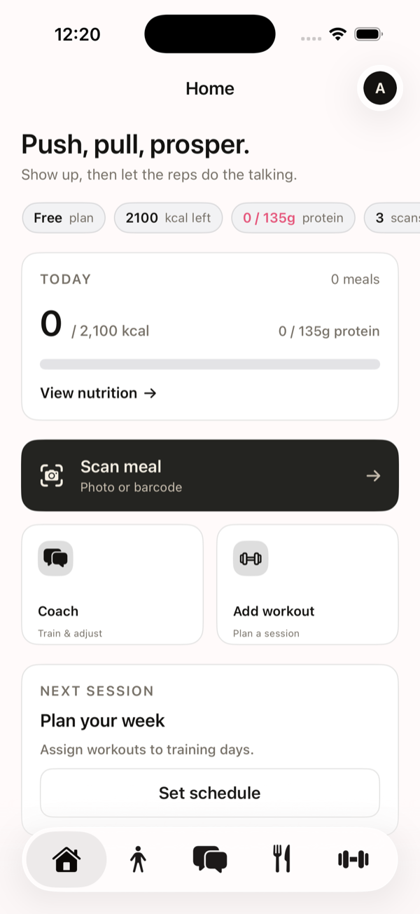 Velora app home screen showing daily calories, macros, and quick actions