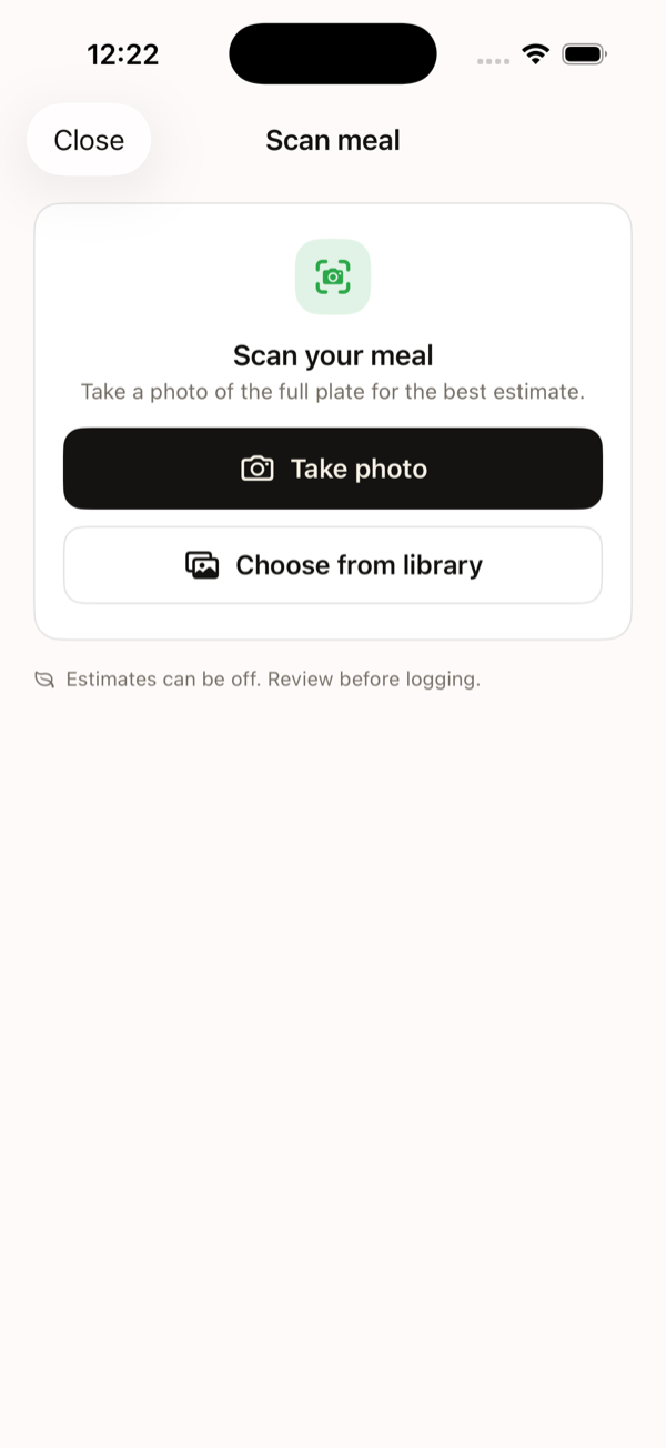 Velora meal scan screen — take a photo or choose from library