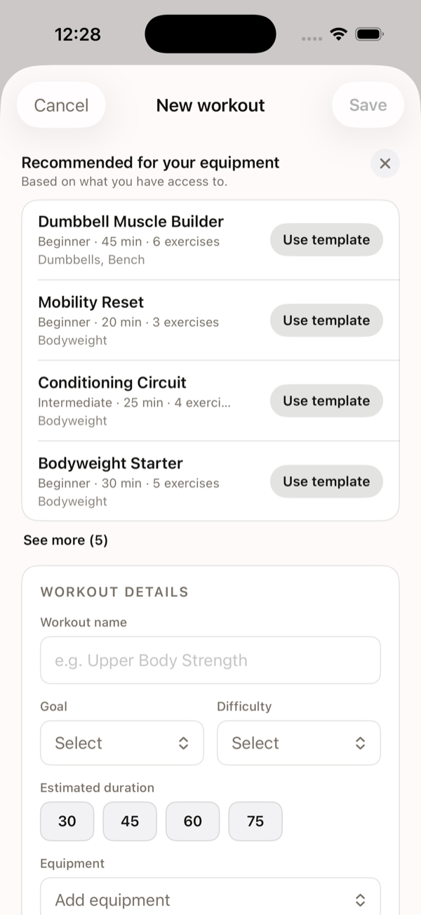 Velora workout builder with recommended templates and a new-workout form